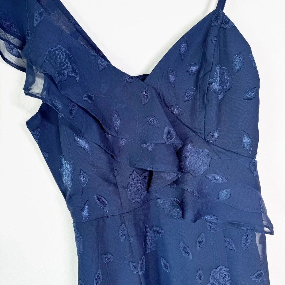 Lulus Forever‎ Be Navy Floral Jacquard Ruffled One Shoulder Maxi Dress XS